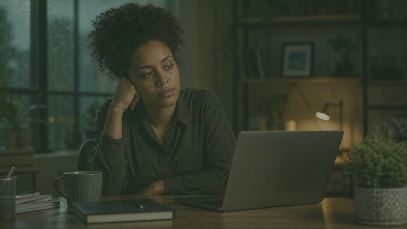 Mulher brasileira sentada diante do computador ao fim do expediente, com expressão cansada e distante.