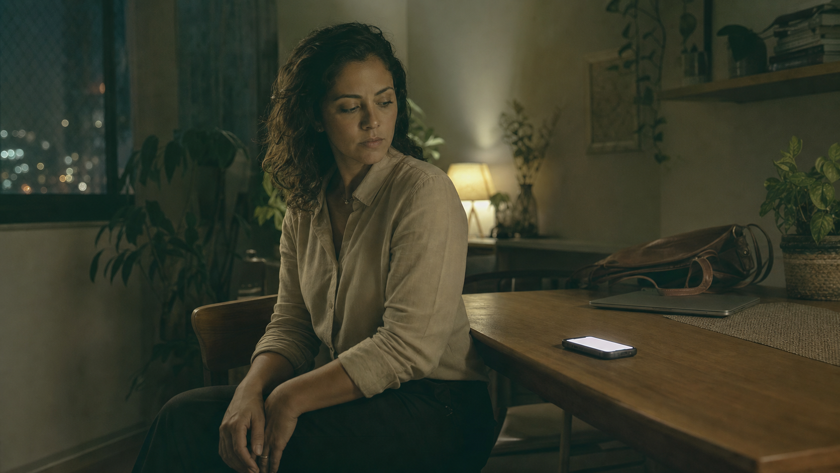 Mulher brasileira depois do expediente, sentada à mesa enquanto observa o celular do trabalho aceso.