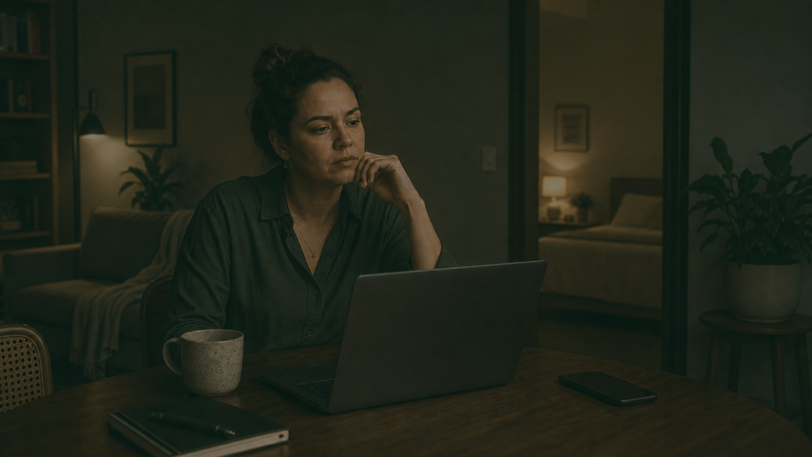 Mulher brasileira em apartamento à noite, afastada do notebook depois de um dia de trabalho remoto.